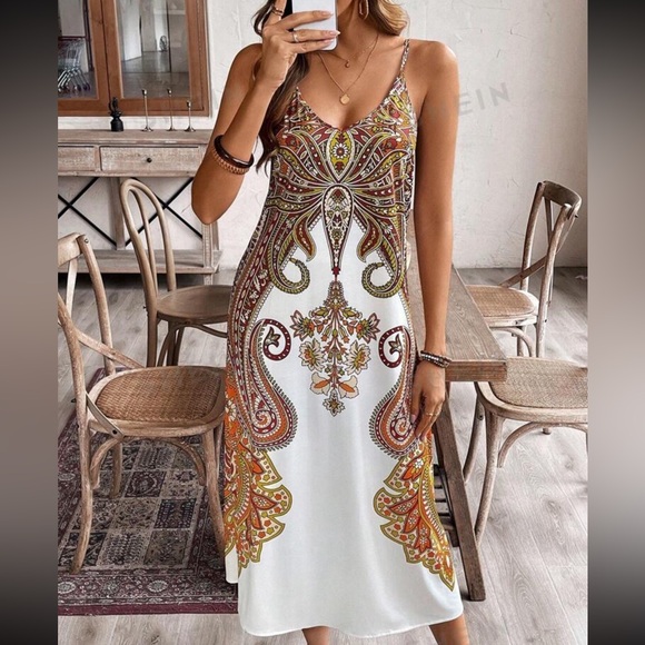 Bohemian Style Printed Spaghetti Strap, Orange, Red Gypsy long boho dress size L - Picture 2 of 6